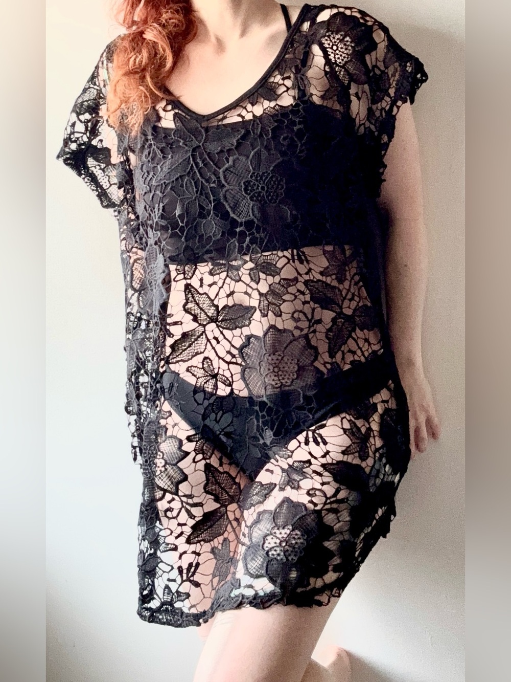 NWT Black Floral Lace Swim Cover Up Open Back Tassel Tunic Coverup Dress L